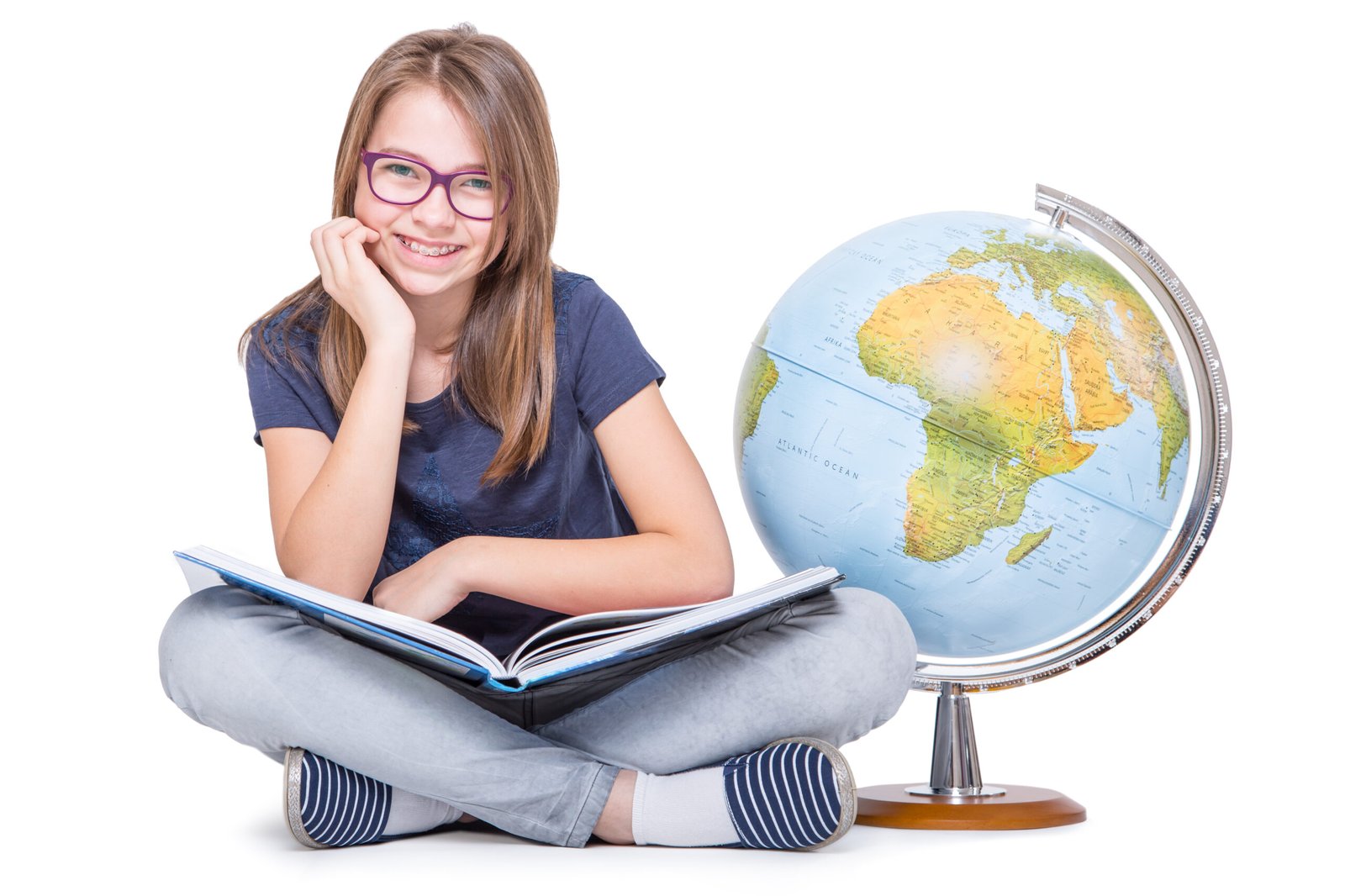cute little student girl with globe book girl with glasses teeth braces scaled