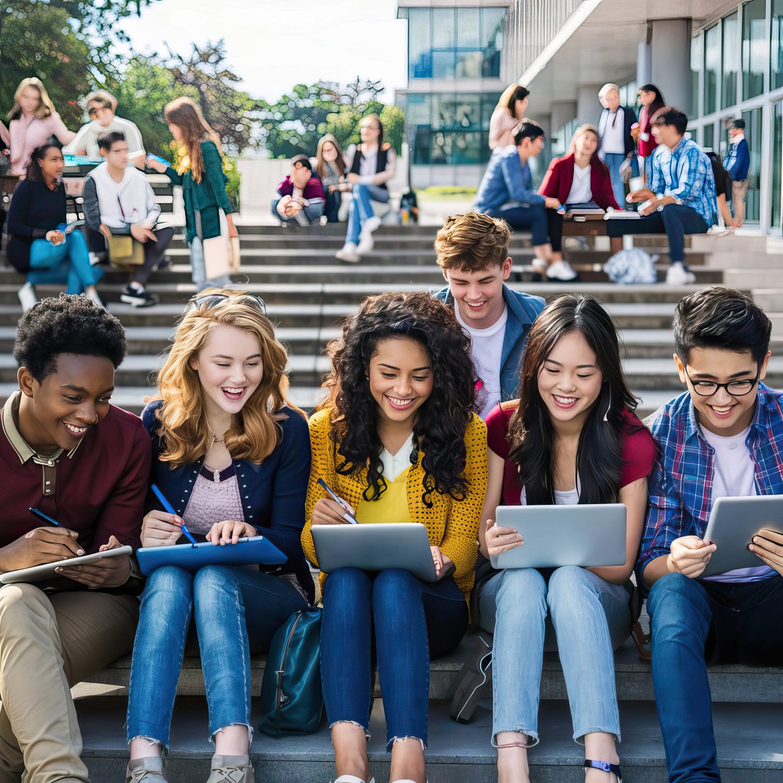group diverse young adults using laptops outdoor setting collaborating 1 scaled