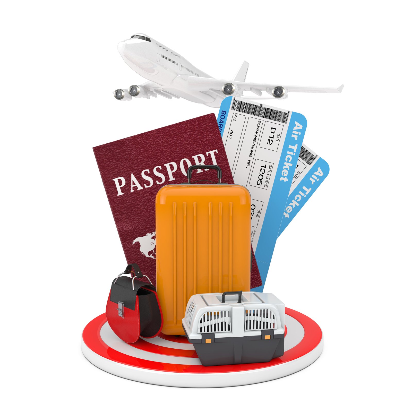 travel concept modern passanger airplane luggage with passport air tickets target circle plate white background 3d rendering scaled