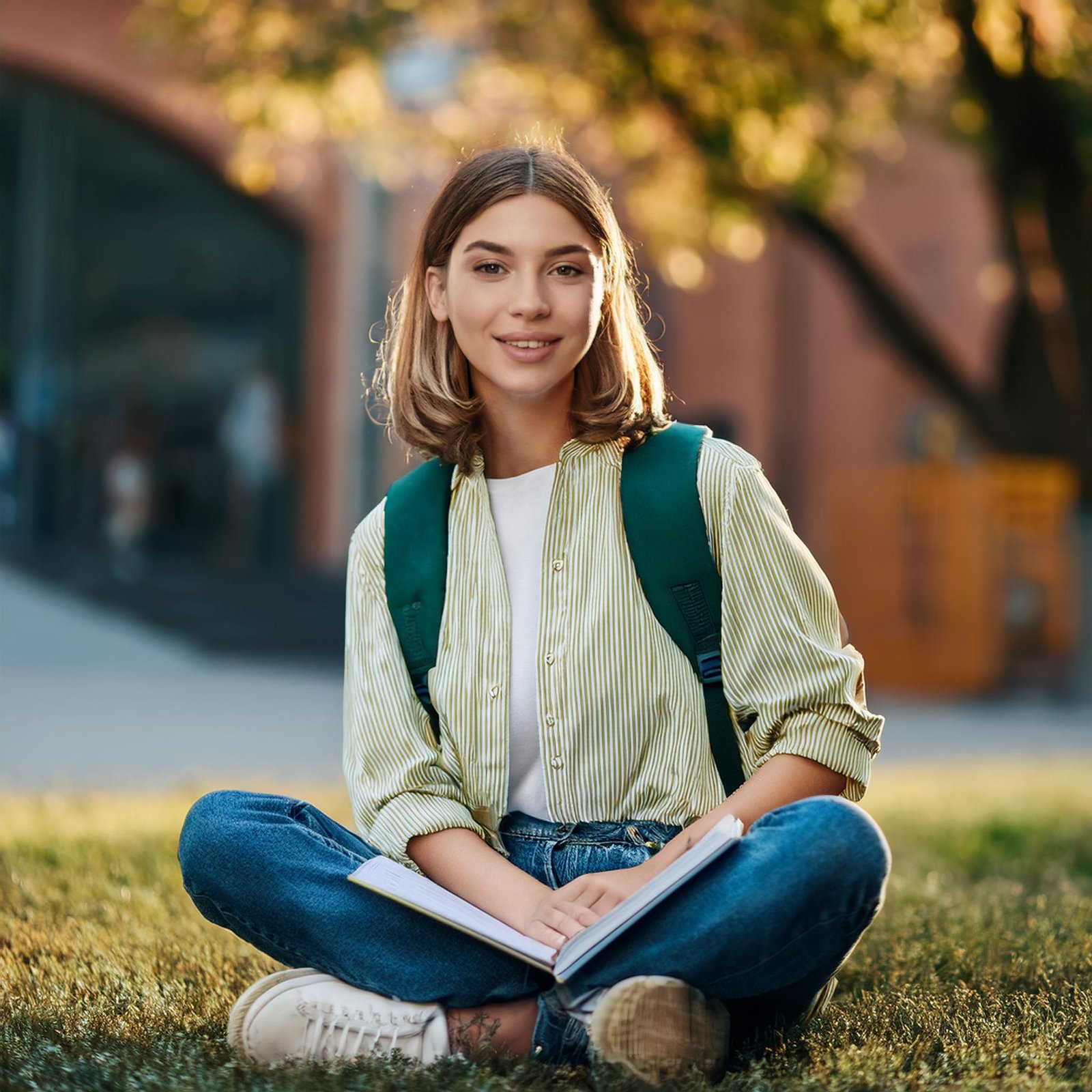 woman sits grass with book her hand